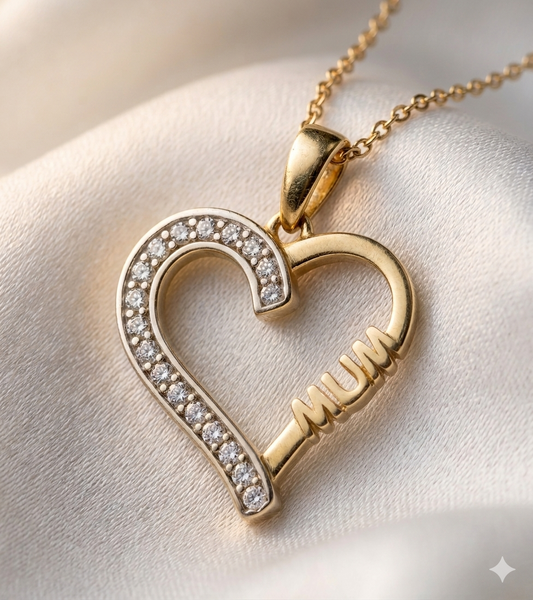 Bespoke Qutahia Jewelry 14K and 9K solid yellow gold heart necklace for moms with personalized engraving, handcrafted in solid gold for lifetime wear.
