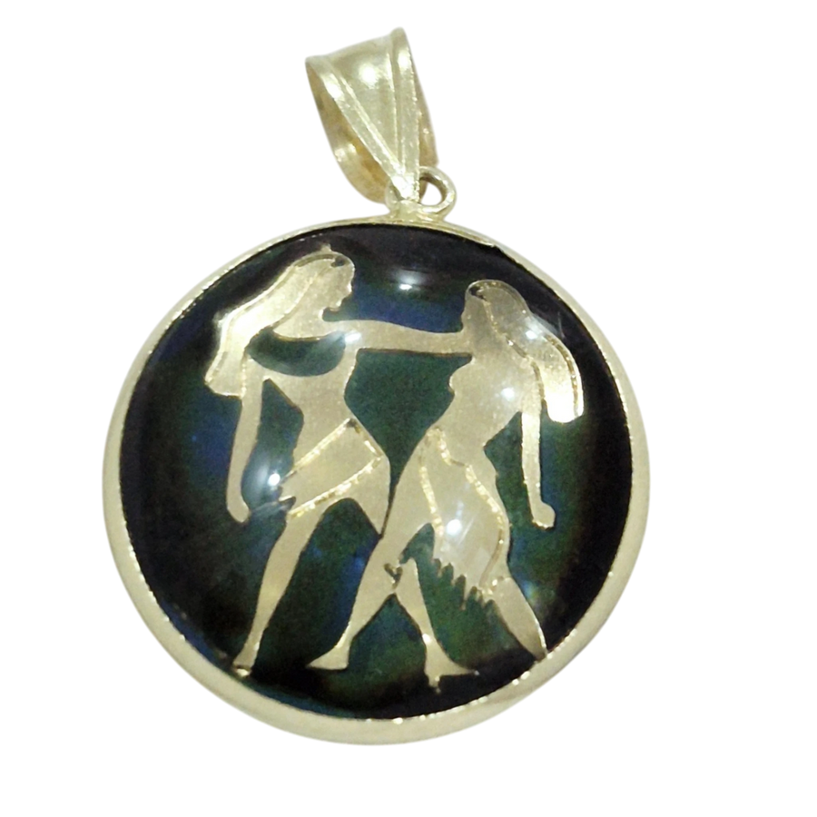 14K Gemini Gold Zodiac Pendant | Changing Colour Mood Stone | Qutahia Jewellery