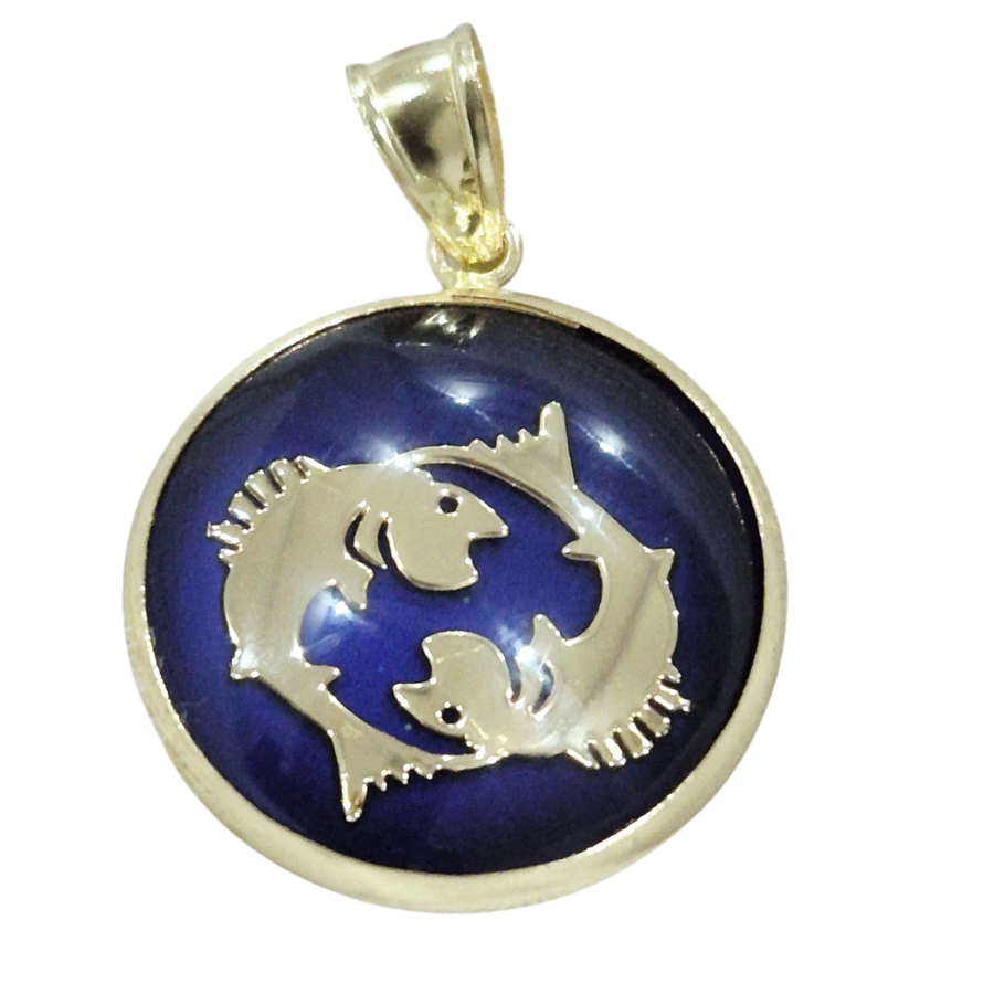 14K Pisces Gold Zodiac Pendant | Changing Colour Mood Stone | Qutahia Jewellery