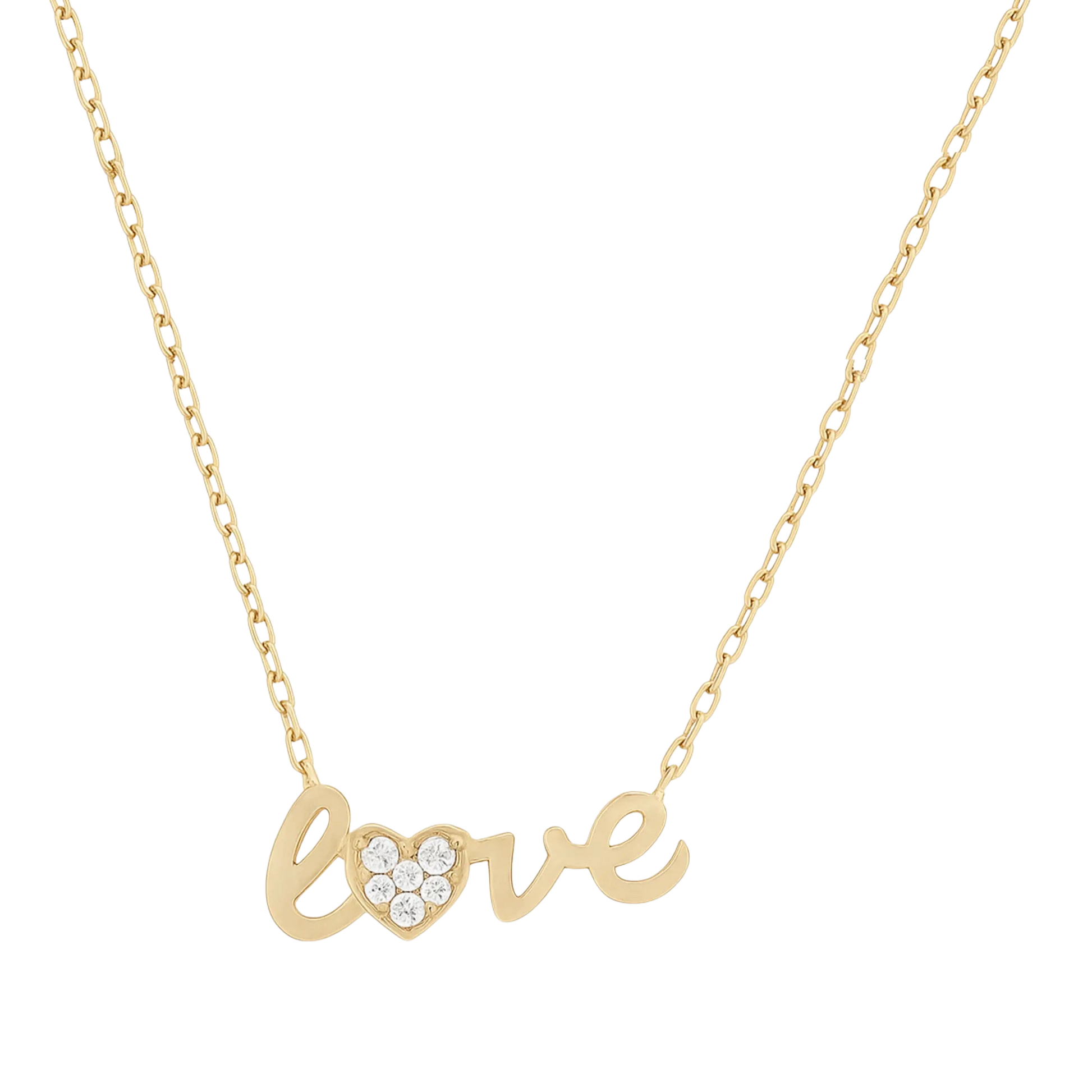14k solid gold script necklace with love heart sentiment on a white background by Qutahia Jewelry