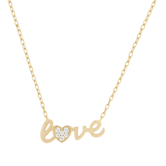 14k solid gold script necklace with love heart sentiment on a white background by Qutahia Jewelry