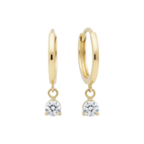 14k Solid Gold Dangling Huggie Earrings with Solitaire Claw Setting by Qutahia Jewelry.