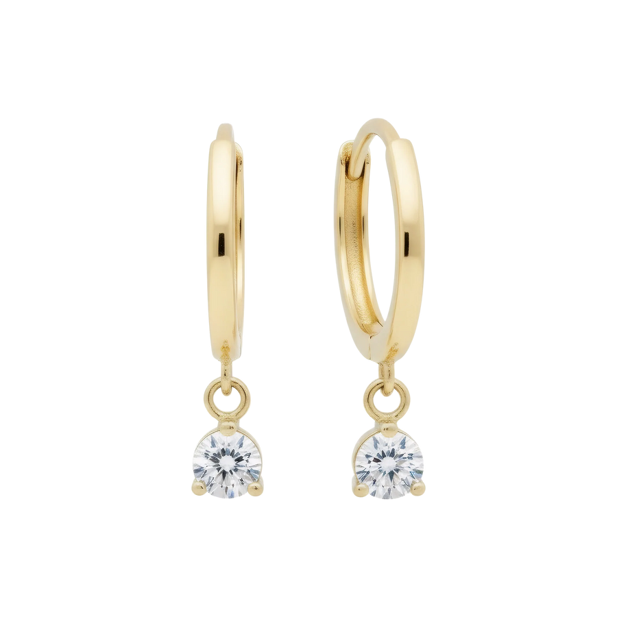 14k Solid Gold Dangling Huggie Earrings with Solitaire Claw Setting by Qutahia Jewelry.