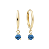 14k Solid Gold Dangling Huggie Earrings with Solitaire Claw Setting by Qutahia Jewelry.