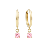 14k Solid Gold Dangling Huggie Earrings with Solitaire Claw Setting by Qutahia Jewelry.