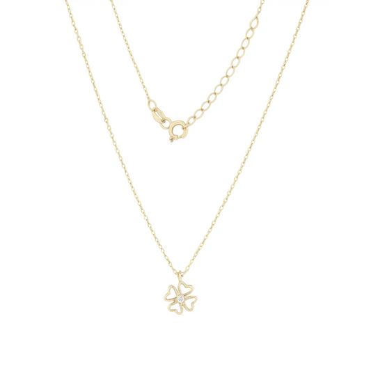 Solid 9ct and 14k Gold Clover Pendant Necklace with Clear Zircon by Qutahia Jewelry
Close-up of Handmade Yellow Gold Clover Pendant Necklace by Qutahia Jewelry
Minimalist Clover Pendant Necklace on 45cm Gold Chain by Qutahia Jewelry