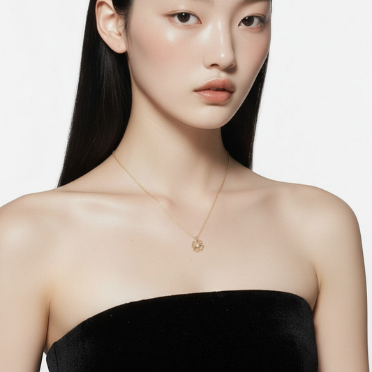 Solid 9ct and 14k Gold Clover Pendant Necklace with Clear Zircon by Qutahia Jewelry
Close-up of Handmade Yellow Gold Clover Pendant Necklace by Qutahia Jewelry
Minimalist Clover Pendant Necklace on 45cm Gold Chain by Qutahia Jewelry