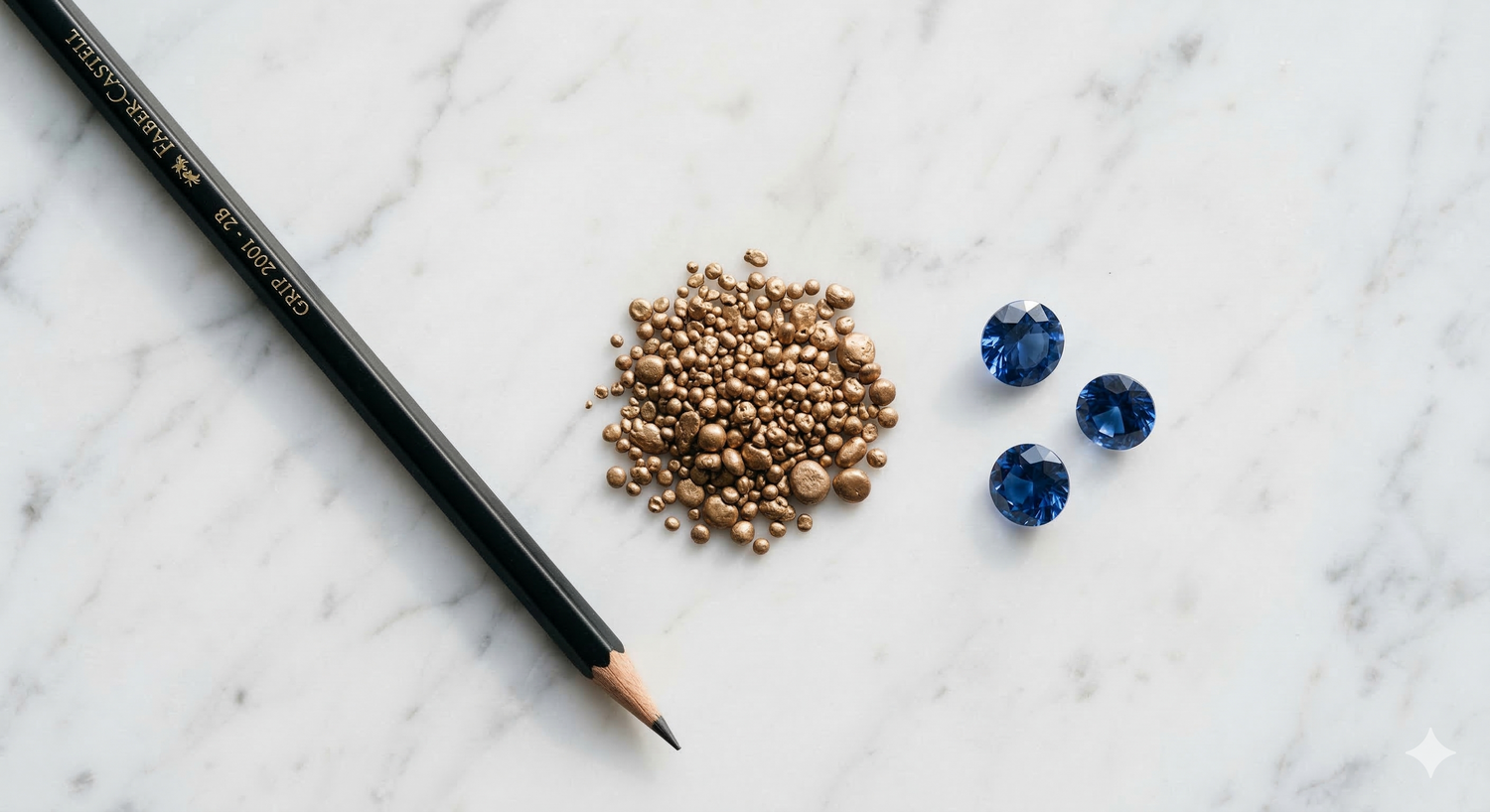 Raw 18k gold grains and loose blue sapphires on white marble for a bespoke jewellery design commission by Qutahia