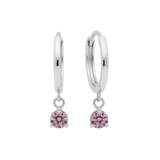 Qutahia Jewelry 14k solid gold dangling huggie earrings with pink claw-set gemstone.