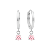 Qutahia Jewelry 14k solid gold huggie earrings with dangling pink solitaire gemstone in claw setting.