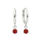 Qutahia Jewelry 14k solid gold dangling huggie earrings with red gemstone in claw setting.
