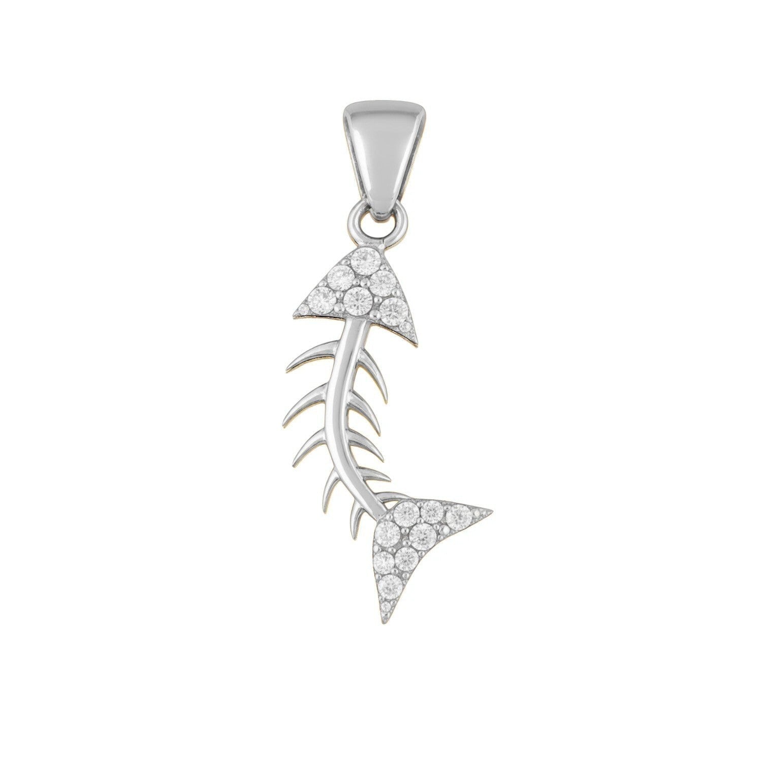 Qutahia Jewelry solid gold fish skeleton pendant with cubic zirconia accents.